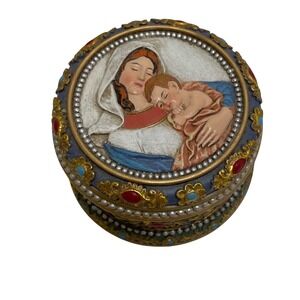 Madonna and Child Trinket Box Gold Filigree Faux Pearl Religious Mary Jesus